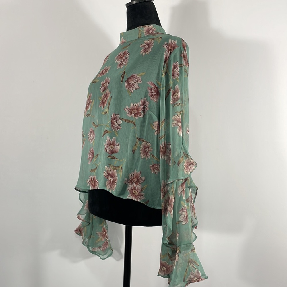 Floral Teal & Pink Sheer top,mock neck, long ruffle sleeve, flowy, XS - Picture 3 of 12